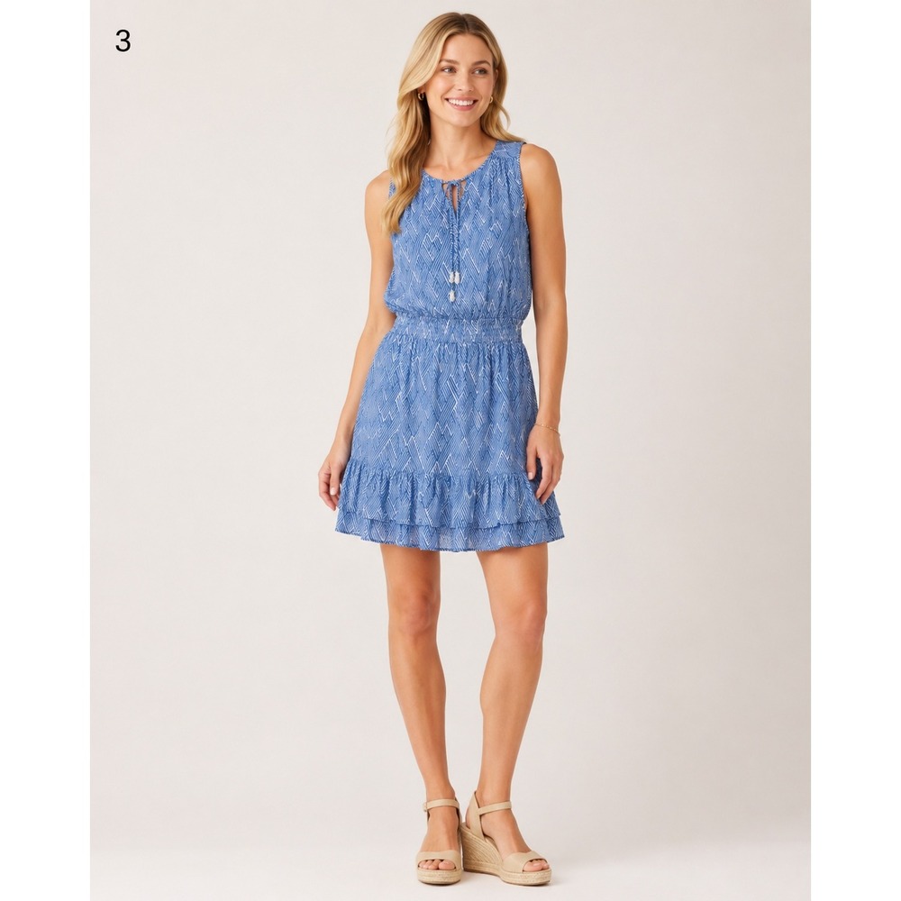Walker & Wade Dress XS Blue White Geometric Smocked Waist Ruffle Hem Beaded‎ Tie